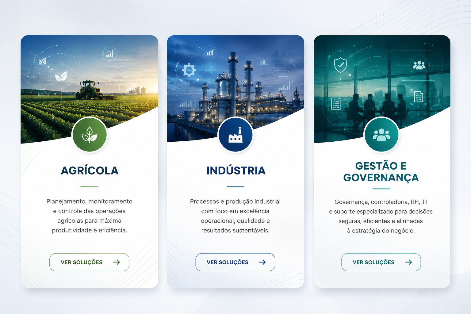 Setores de atuação da Kleek: agrícola, indústria, gestão e governança